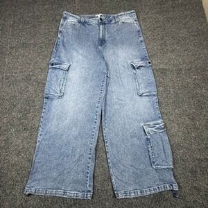 And Now This Womens Wide Leg Cargo Jeans Light Wash‎ Blue Utility Pants 20W SP25